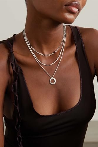 Layered Silver Necklaces for Women, Sterling Silver Stackable Stack Choker Necklaces for Women Trendy Layering Circle Pendant Chain Necklace Set Jewelry for Women