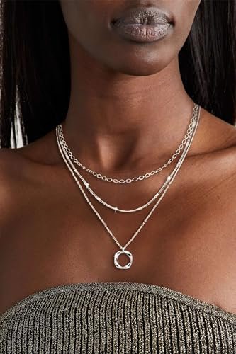 Layered Silver Necklaces for Women, Sterling Silver Stackable Stack Choker Necklaces for Women Trendy Layering Circle Pendant Chain Necklace Set Jewelry for Women
