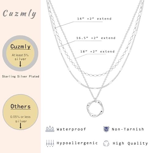 Layered Silver Necklaces for Women, Sterling Silver Stackable Stack Choker Necklaces for Women Trendy Layering Circle Pendant Chain Necklace Set Jewelry for Women