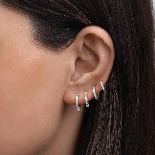LEXODY 4 Pairs Small Silver Hoop Earrings Set for Women, Sterling Silver Tiny Lightweight Cubic Zirconia Cuff Huggie Earrings Cartilage Earring Piercing Jewelry for Women