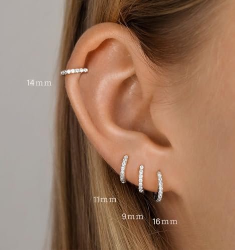 LEXODY 4 Pairs Small Silver Hoop Earrings Set for Women, Sterling Silver Tiny Lightweight Cubic Zirconia Cuff Huggie Earrings Cartilage Earring Piercing Jewelry for Women