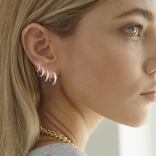 LEXODY 4 Pairs Small Silver Hoop Earrings Set for Women, Sterling Silver Tiny Lightweight Cubic Zirconia Cuff Huggie Earrings Cartilage Earring Piercing Jewelry for Women