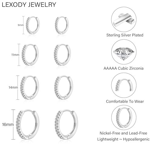LEXODY 4 Pairs Small Silver Hoop Earrings Set for Women, Sterling Silver Tiny Lightweight Cubic Zirconia Cuff Huggie Earrings Cartilage Earring Piercing Jewelry for Women