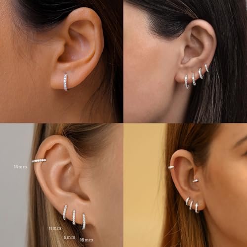 LEXODY 4 Pairs Small Silver Hoop Earrings Set for Women, Sterling Silver Tiny Lightweight Cubic Zirconia Cuff Huggie Earrings Cartilage Earring Piercing Jewelry for Women