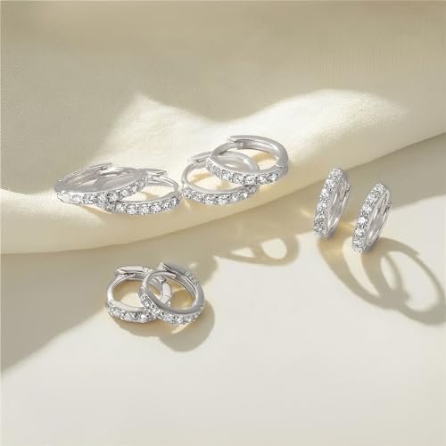 LEXODY 4 Pairs Small Silver Hoop Earrings Set for Women, Sterling Silver Tiny Lightweight Cubic Zirconia Cuff Huggie Earrings Cartilage Earring Piercing Jewelry for Women