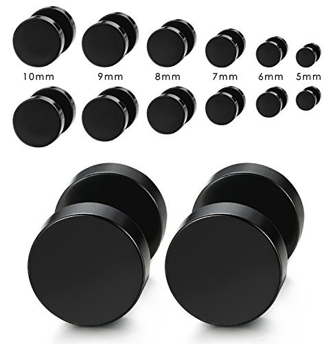 LIEBLICH Black Stud Earrings Men Women Faux Gauges Ear Tunnel Stainless Steel Earrings 6 Pairs 5mm-10mm