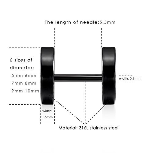 LIEBLICH Black Stud Earrings Men Women Faux Gauges Ear Tunnel Stainless Steel Earrings 6 Pairs 5mm-10mm