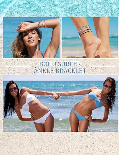 LOLIAS 24 Pieces Waterproof String Bracelets for Women Surfer Wave Boho Bracelet Adjustable Handmade Friendship Bracelet String Ocean Beach Boho Bracelets Anklets for Women