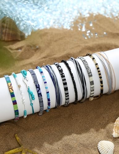 LOLIAS 24 Pieces Waterproof String Bracelets for Women Surfer Wave Boho Bracelet Adjustable Handmade Friendship Bracelet String Ocean Beach Boho Bracelets Anklets for Women