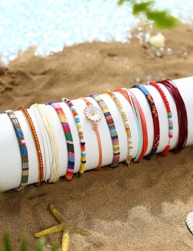 LOLIAS 24 Pieces Waterproof String Bracelets for Women Surfer Wave Boho Bracelet Adjustable Handmade Friendship Bracelet String Ocean Beach Boho Bracelets Anklets for Women