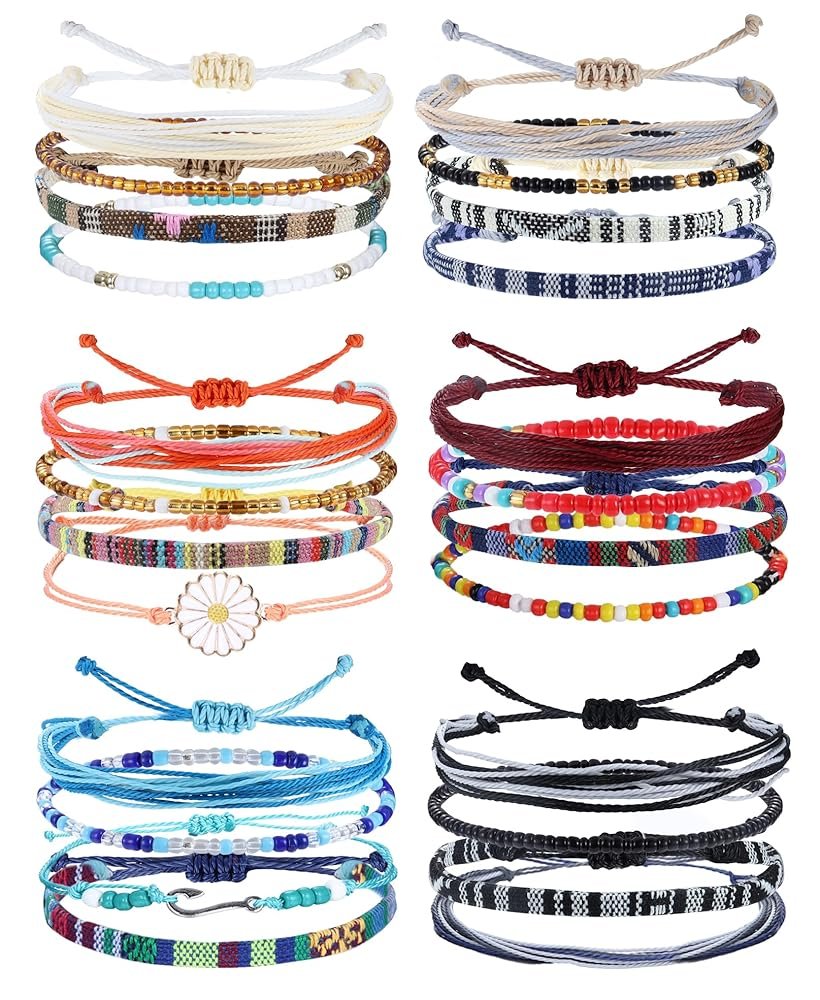 LOLIAS 24 Pieces Waterproof String Bracelets for Women Surfer Wave Boho Bracelet Adjustable Handmade Friendship Bracelet String Ocean Beach Boho Bracelets Anklets for Women