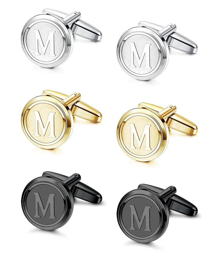 LOLIAS 3 Pairs Initial Cufflinks For Men Classic Mens CuffLinks Set Letter Cuff Links for Casual to Formal with Gift Box Silver Black Gold Cufflinks for Father Husband