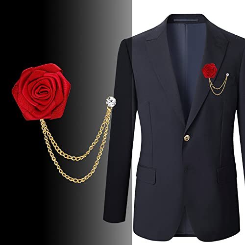 LOLIAS 4PCS Brooch Lapel Pin for Men with Hanging Chain,Brooch Suit Stud,Handmade Rose Flower Pins for Groom Wedding Prom Tassel Chain Brooch Pins Men's Suit Accessories