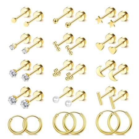 LOLIAS Small Hypoallergenic Flat Back Stud Earrings for Women Men 14K Gold Plated Surgical Stainless Steel Earring Sets Tiny Screw Back Cartilage Earring