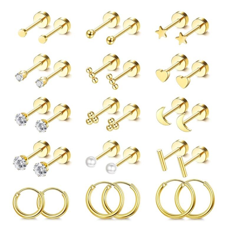 LOLIAS Small Hypoallergenic Flat Back Stud Earrings for Women Men 14K Gold Plated Surgical Stainless Steel Earring Sets Tiny Screw Back Cartilage Earring