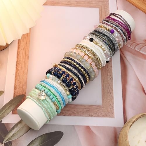 LOYALLOOK 6 Sets Bohemian Stackable Bead Bracelets for Women Stretch Bohemian Style Stretch Multilayered Boho Bracelet Set