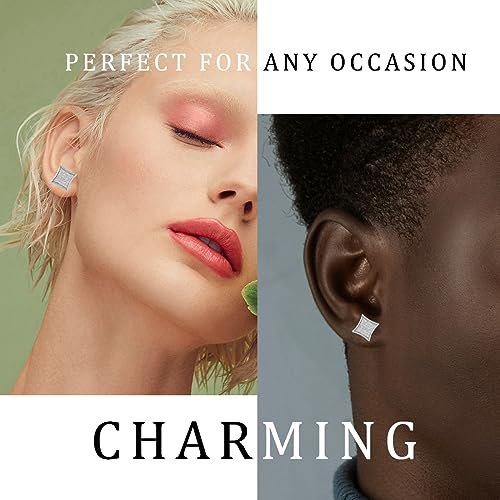 LuReen Gold Silver 11mm Square CZ Stud Earrings of Mens aretes para hombre