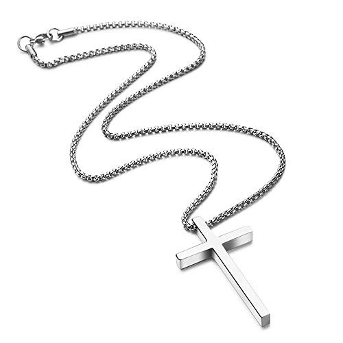M MOOHAM Cross Necklace for Men, Silver Black Gold Stainless Steel Plain Cross Pendant Necklace for Men Box Chain 16-30 Inch