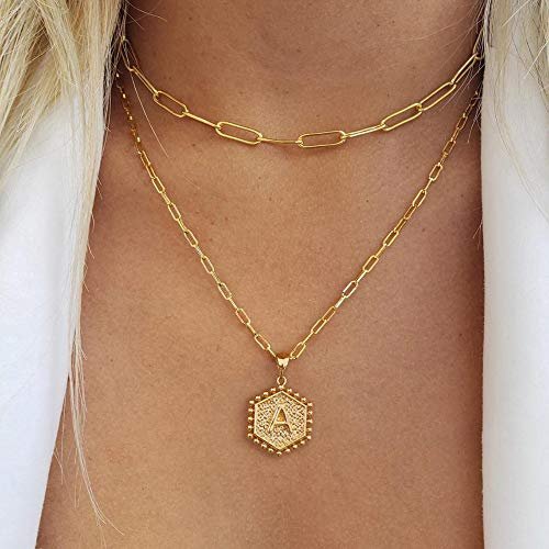 M MOOHAM Dainty Gold Necklace for Women - 14K Solid Gold Over Layering Necklaces for Women Cute Hexagon Letter Initial Necklaces for Women Gold Layered Necklaces for Women...