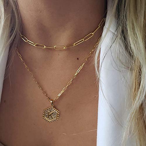 M MOOHAM Dainty Gold Necklace for Women - 14K Solid Gold Over Layering Necklaces for Women Cute Hexagon Letter Initial Necklaces for Women Gold Layered Necklaces for Women...