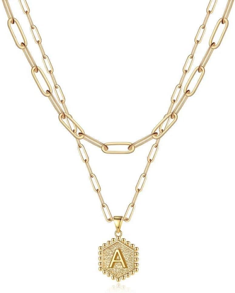 M MOOHAM Dainty Gold Necklace for Women - 14K Solid Gold Over Layering Necklaces for Women Cute Hexagon Letter Initial Necklaces for Women Gold Layered Necklaces for Women...