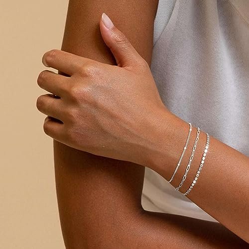 MBW Silver Bracelets for Women, Dainty Silver Bracelets for Women Set 14K Silver Bracelet Stack Waterproof Jewelry for Women Trendy Minimalist Simple Small Thin Bracelet Set for...