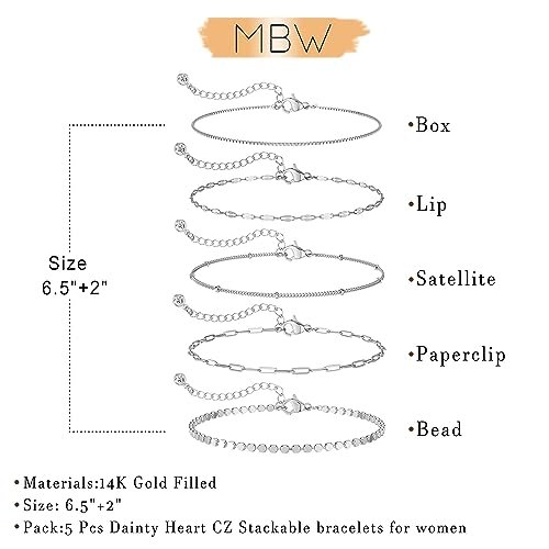 MBW Silver Bracelets for Women, Dainty Silver Bracelets for Women Set 14K Silver Bracelet Stack Waterproof Jewelry for Women Trendy Minimalist Simple Small Thin Bracelet Set for...