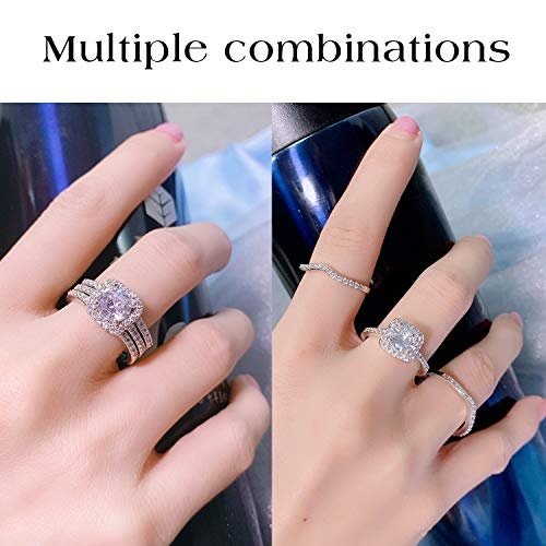 MDFUN 18K White Gold Plated Cubic Zirconia Three-in-One Halo Wedding Engagement Promise Eternity Ring for Women