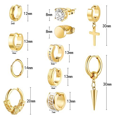 Men Earrings, Funtopia 11 Pairs Stainless Steel Small Hoop Earrings Cross Dangle Earrings Set, Fashion Huggie Earrings Piercing Jewelry for Party Birthday