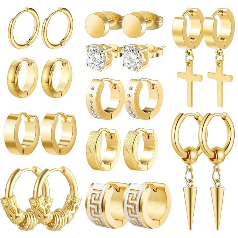 Men Earrings, Funtopia 11 Pairs Stainless Steel Small Hoop Earrings Cross Dangle Earrings Set, Fashion Huggie Earrings Piercing Jewelry for Party Birthday