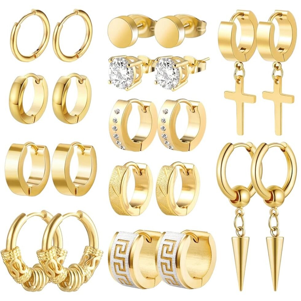 Men Earrings, Funtopia 11 Pairs Stainless Steel Small Hoop Earrings Cross Dangle Earrings Set, Fashion Huggie Earrings Piercing Jewelry for Party Birthday