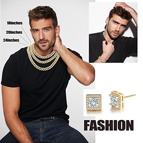 Mens Chains Diamond Cuban Link Chain Necklace Bracelets Set for Men Women Bling Bling Hip Hop Jewelry