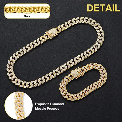 Mens Chains Diamond Cuban Link Chain Necklace Bracelets Set for Men Women Bling Bling Hip Hop Jewelry