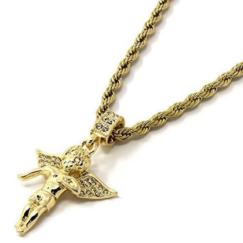Mens Gold Angel & P Ruby Bundle Set Cz Pendant Hip Hop 24" & 30" Rope Chain D463