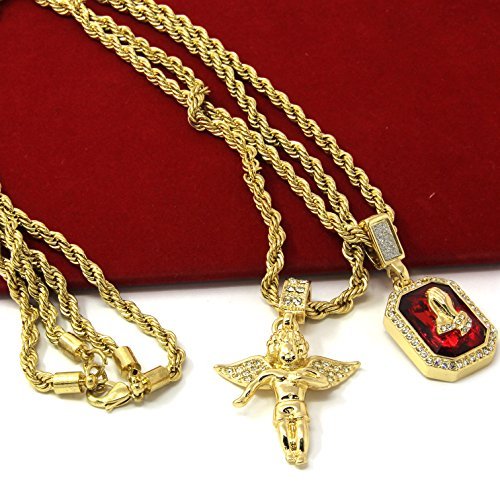 Mens Gold Angel & P Ruby Bundle Set Cz Pendant Hip Hop 24" & 30" Rope Chain D463