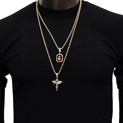Mens Gold Angel & P Ruby Bundle Set Cz Pendant Hip Hop 24" & 30" Rope Chain D463