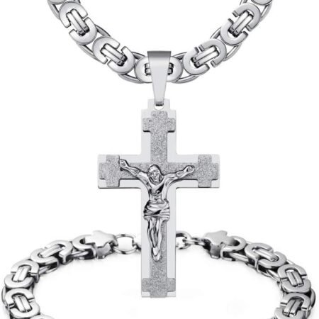 Mens Stainless Steel Silver Gold Jesus Cross Pendant Necklace Chain Bracelet Set Jewelry 45/50/55/60/65/70/75cm