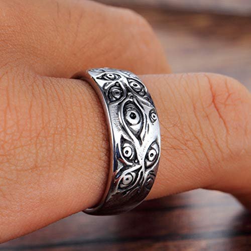 Men's Vintage Stainless Steel Engraved Eye of God Ring Black Gold Silver Tone