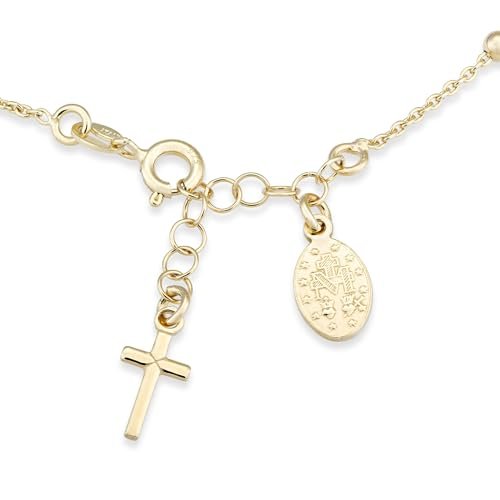 Miabella 18K Gold Over Sterling Silver Italian Rosary Cross Bead Charm Link Chain Bracelet for Women, Adjustable, 925 Made in Italy