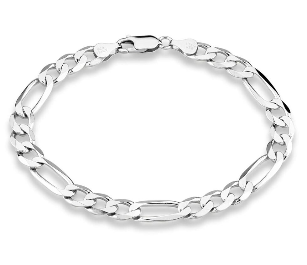 Miabella 925 Sterling Silver Italian 7mm Solid Diamond-Cut Figaro Link Chain Bracelet for Men, Made in Italy