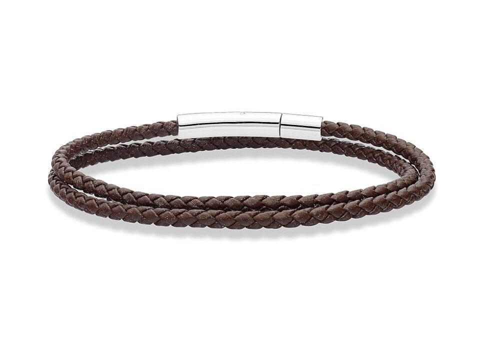 Miabella Genuine Italian Double Wrap Braided Leather Bracelet for Men Women, Stainless Steel Clasp, Made in Italy