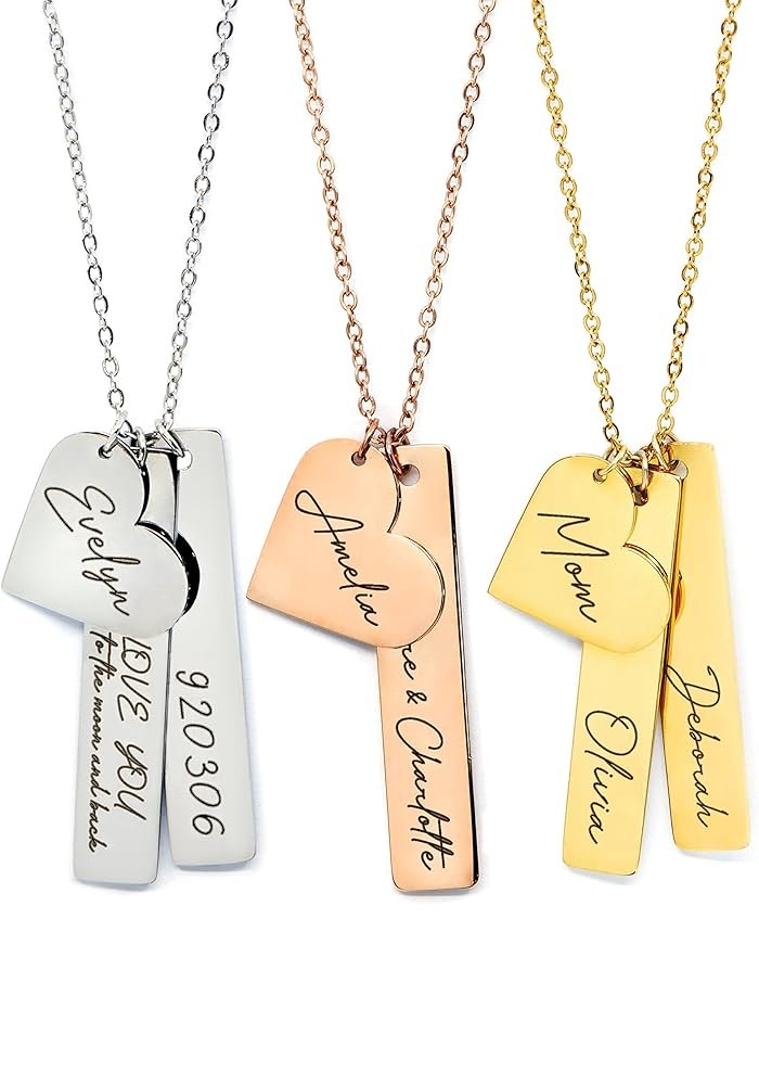 MignonandMignon Custom Name Necklace Kids Personalized Mother's Day Gift Gold Bar Engraved Jewelry Birthday Heart Charm Best Unique for Women -H8N