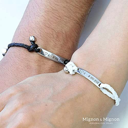 MignonandMignon Personalized Couple Matching Bracelets for Men Friendship Name Bestie Boyfriend Family Custom Engraved Leather Mens Jewelry Fathers Day Gift - MRBR