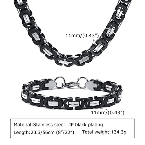 MPRAINBOW Flat Byzantine Bracelet Necklace Sets - Punk Cool Link Chain Bracelet & Necklace,316L Stainless Steel 6/8/10/11mm Width 24 inch Length Chain for Men Women,Hip Hop Jewelry