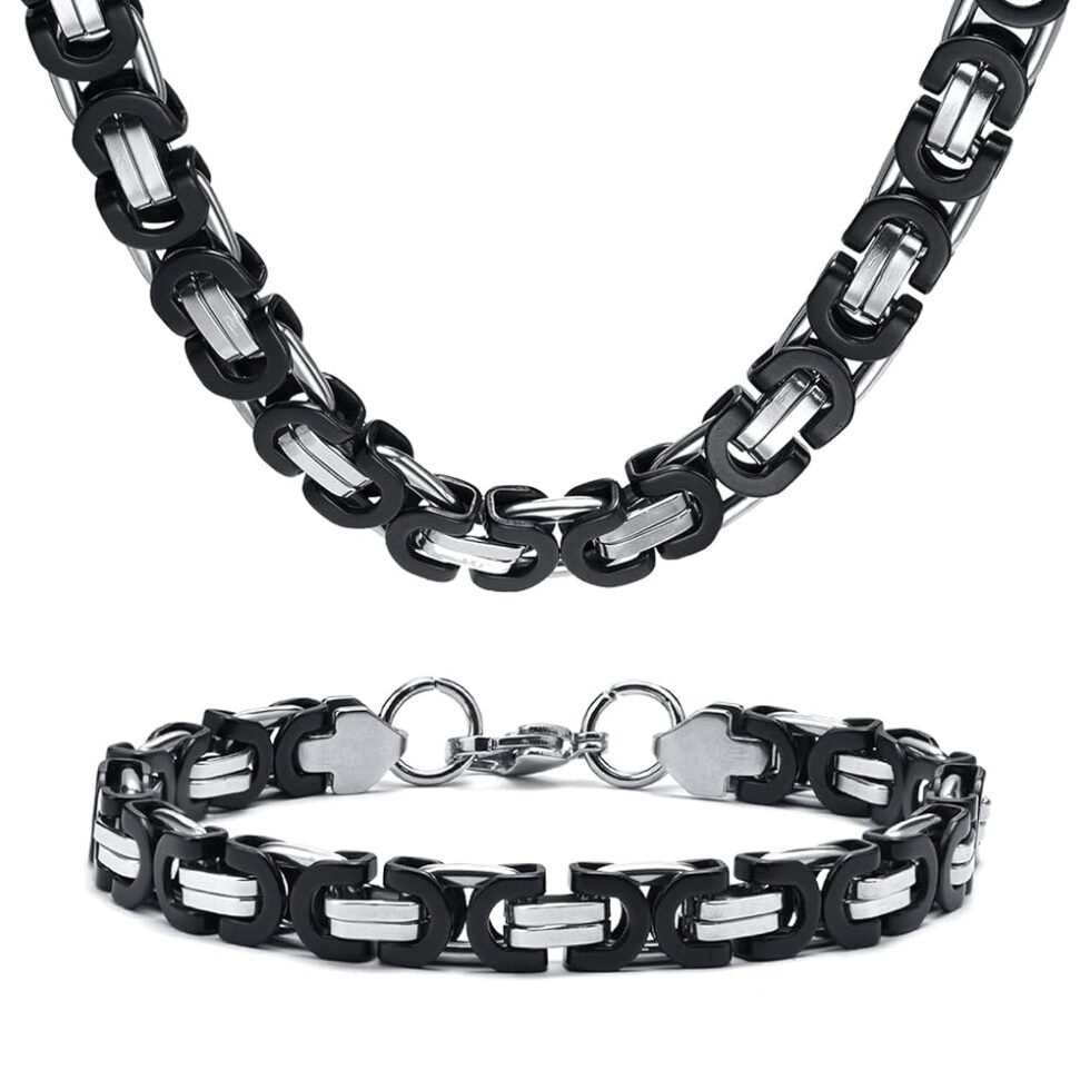 MPRAINBOW Flat Byzantine Bracelet Necklace Sets - Punk Cool Link Chain Bracelet & Necklace,316L Stainless Steel 6/8/10/11mm Width 24 inch Length Chain for Men Women,Hip Hop Jewelry