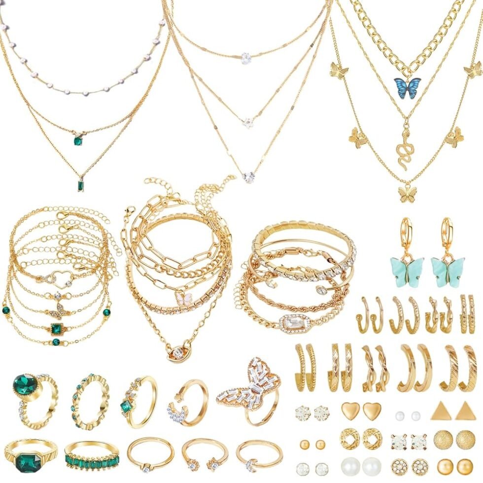 NEWITIN 72 Pieces Gold Jewelry Set for Women Fashion Costume Jewelry Gold Plated Necklace Bracelet Gold Earrings Set for Women