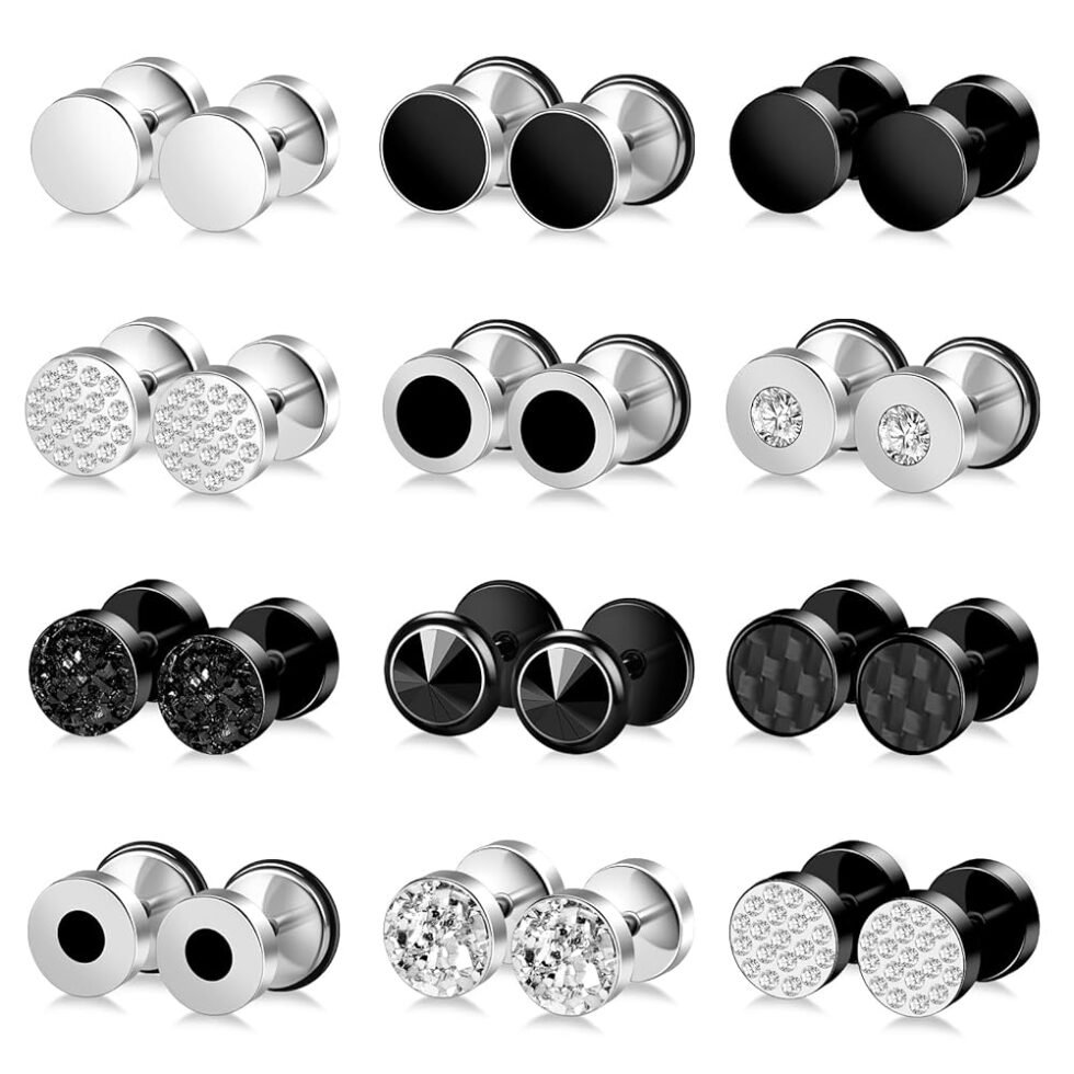 ONESING 12 Pairs Faux Gauge Earrings for Men Black Stud Earrings Silver Mens Earrings Faux Plugs Stainless Steel Earrings Set with Gift Box