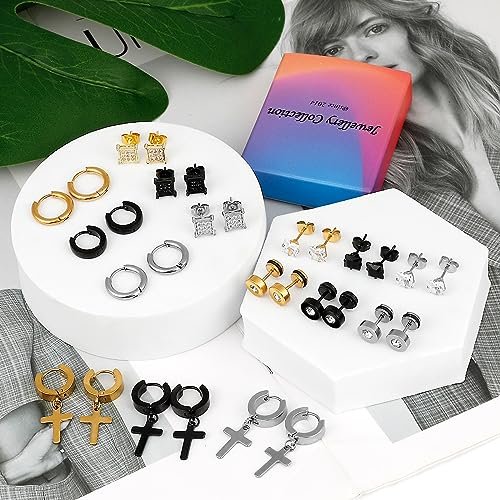 ONESING 21 Pairs Stainless Steel Earrings for Men Inlaid Cross Dangle Hinged Earrings Hoop CZ Stud Hypoallergenic Earrings Huggie Earrings Set for Women Men Ear Piercing Jewelry...