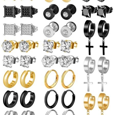 ONESING 21 Pairs Stainless Steel Earrings for Men Inlaid Cross Dangle Hinged Earrings Hoop CZ Stud Hypoallergenic Earrings Huggie Earrings Set for Women Men Ear Piercing Jewelry...