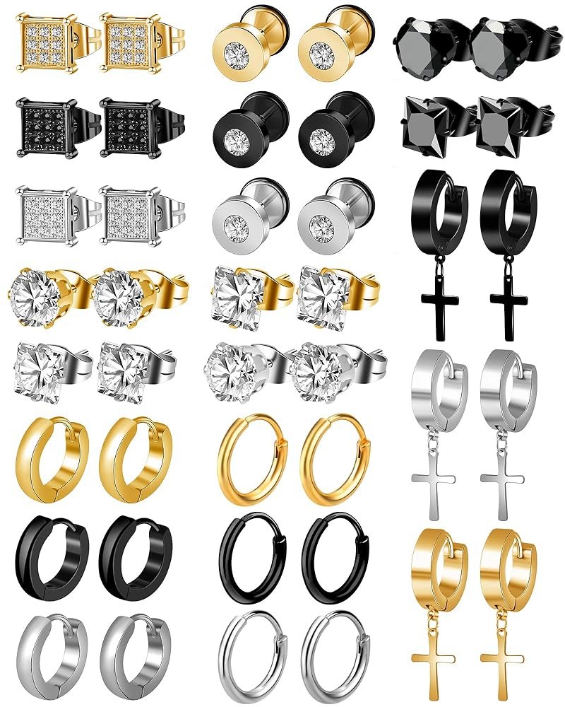 ONESING 21 Pairs Stainless Steel Earrings for Men Inlaid Cross Dangle Hinged Earrings Hoop CZ Stud Hypoallergenic Earrings Huggie Earrings Set for Women Men Ear Piercing Jewelry...